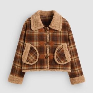 Cider NWT FLEECE COLLAR TARTAN POCKET TOGGLE BUTTON OVERSIZED JACKET